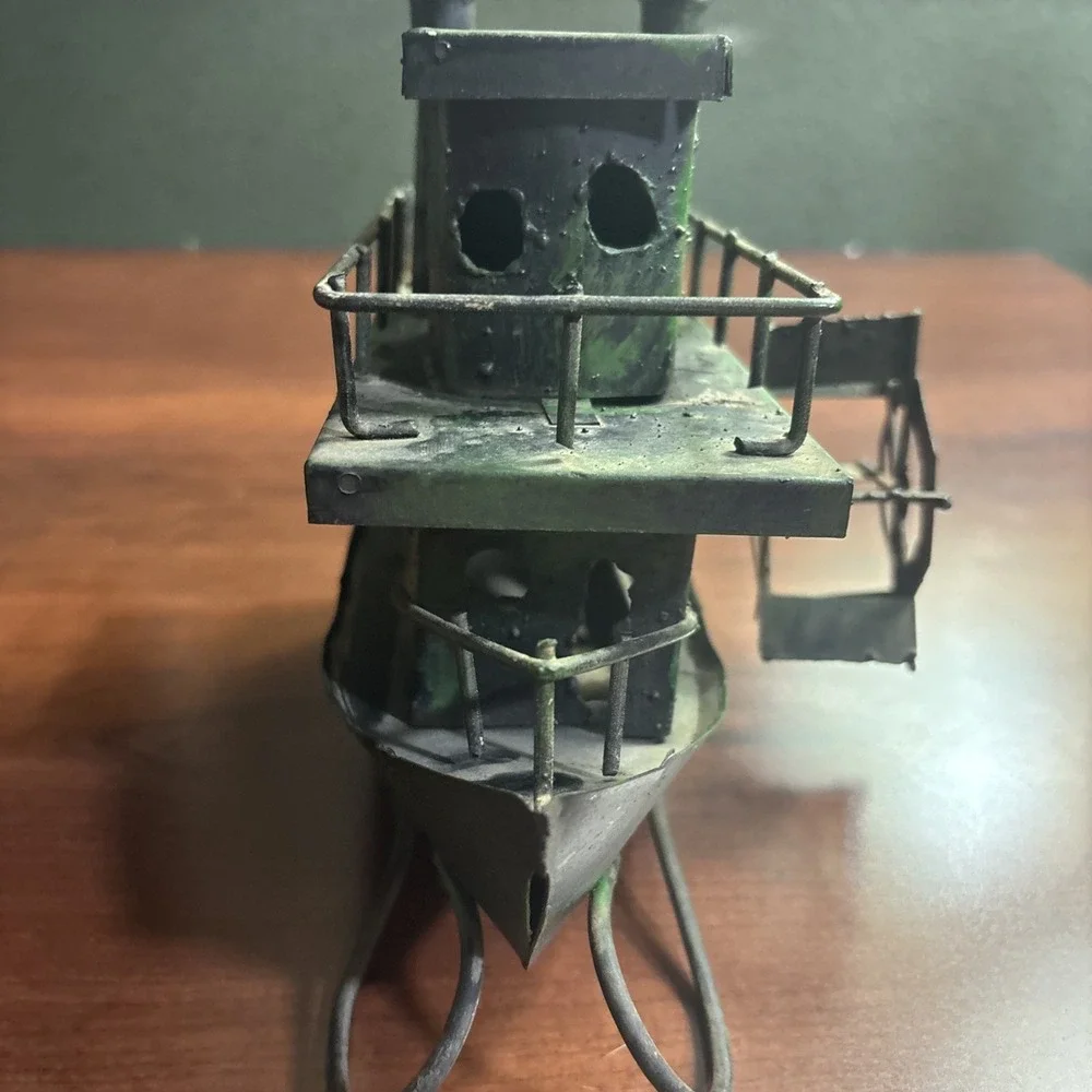 VTG George Imp Copper Tin metal Sculpture wind-up propeller Music Box River Boat